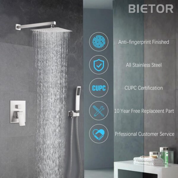 Shower Faucet Set, Rainfall Shower System with Rain Shower Head, Rough-in Valve and Shower Trim Kit Included Brushed Nickel 12 Inch Wall Mount