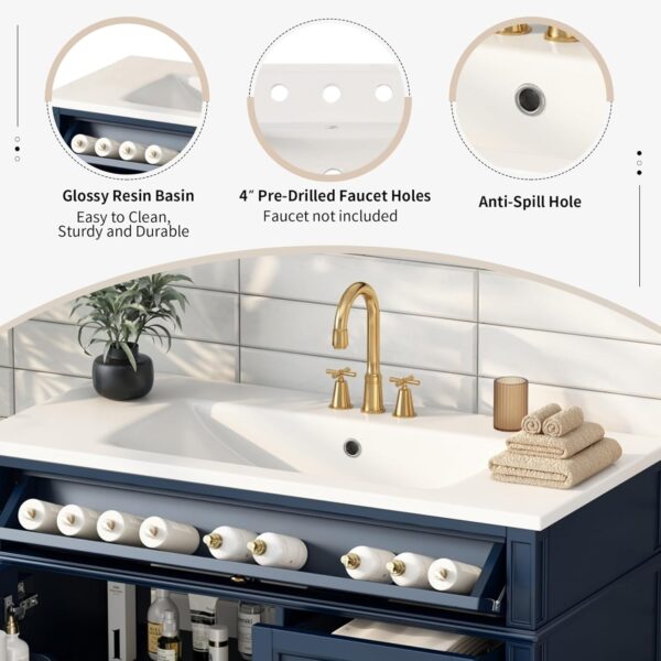 36'' Bathroom Vanity with Top Single Resin Sink Countertop, Solid Wood Frame Modern Storage Cabinet, 2 Drawer and Shelves, Soft Closing Doors, Blue