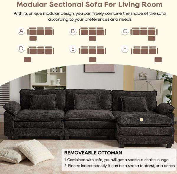 IPKIG 117" Sectional Sofa Cloud Couch, Modern Chenille Comfy Upholstered 3-Seat Sofa with Ottoman, 3 Lumbar Pillow, Deep Seat Modular Couch for Living Room, Apartment, Office, Studio, Black