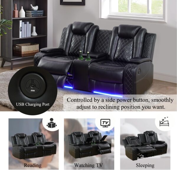 Leather Power Recliner Sofa Set with LED, Living Room Furniture Set, Leather Sofa Set with USB Port Storage Console Cup Holder (Leather Sofa and Loveseat Set, Black)