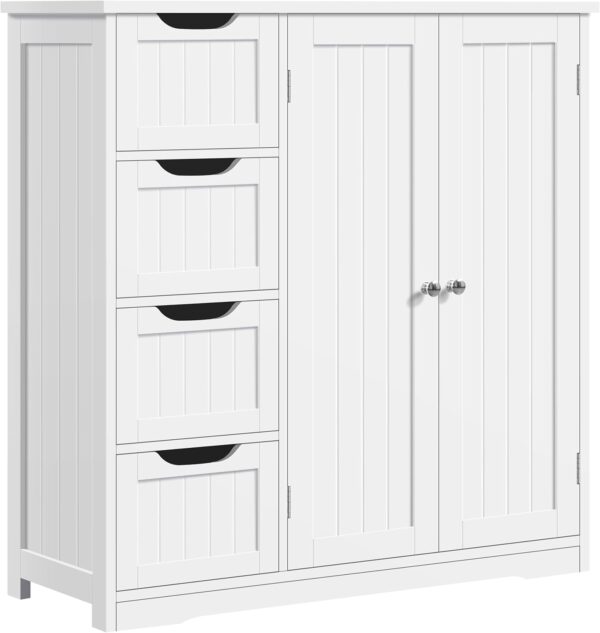 Yaheetech Wooden Bathroom Floor Cabinet, Side Storage Organizer Cabinet with 4 Drawers & Double Doors, Freestanding Entryway Storage Unit Console Table, Bathroom Furniture Home Decor, White