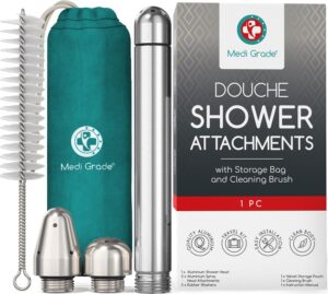 Shower System Enema Kit - [8pc] Aluminum for Intimate Cleansing by Medi Grade - Unisex Enema Shower Attachment – Shower Enema with Velvet Storage Bag, Cleaning Brush & Cloth - Intimate Hygiene Kit