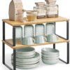 SONGMICS Cabinet Organizer Shelf, Set of 4 Kitchen Counter Shelves, Kitchen Storage, Spice Rack, Stackable, Expandable, Metal and Engineered Wood, Ink Black and Natural Beige UKCS210B01