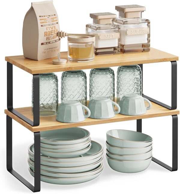 SONGMICS Cabinet Organizer Shelf, Set of 4 Kitchen Counter Shelves, Kitchen Storage, Spice Rack, Stackable, Expandable, Metal and Engineered Wood, Ink Black and Natural Beige UKCS210B01