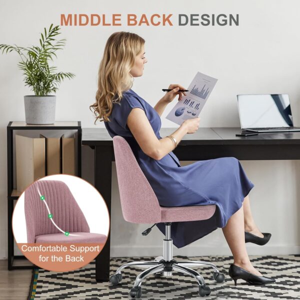 DUMOS Office Desk Chair, Modern Cute Rolling Vanity Swivel Task Chairs with Wheels, Comfortable Back Seat Armless for Home, Bedrooms, Office, Study, Student, Adults, Make-up, Dressing Room, Pink