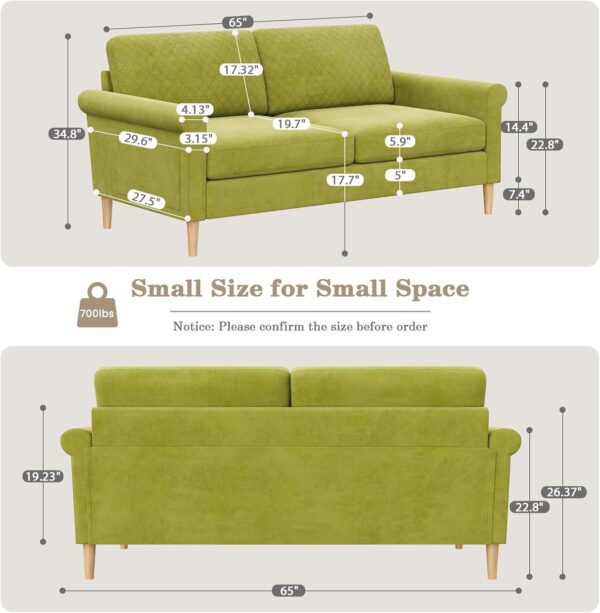 Vesgantti 65" Green Loveseat, Comfy Mid-Century Modern 2-Seat Sofa, No-Tool Assembly Small Couch for Living Room & Bedroom