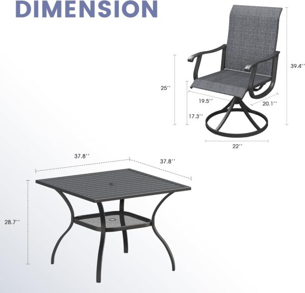 VICLLAX 5 Pieces Outdoor Dining Set, Patio Furniture Set of 4 Patio Swivel Dining Chairs and Square Patio Table with Storage Shelf, Dark Charcoal Chairs & Black Tabletop