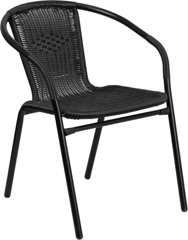 Flash Furniture 5-Piece 28" Square Indoor/Outdoor Patio Table and Chairs Set, Dining Set with Glass Metal Bistro Table, 4 Stack Rattan Chairs, Black