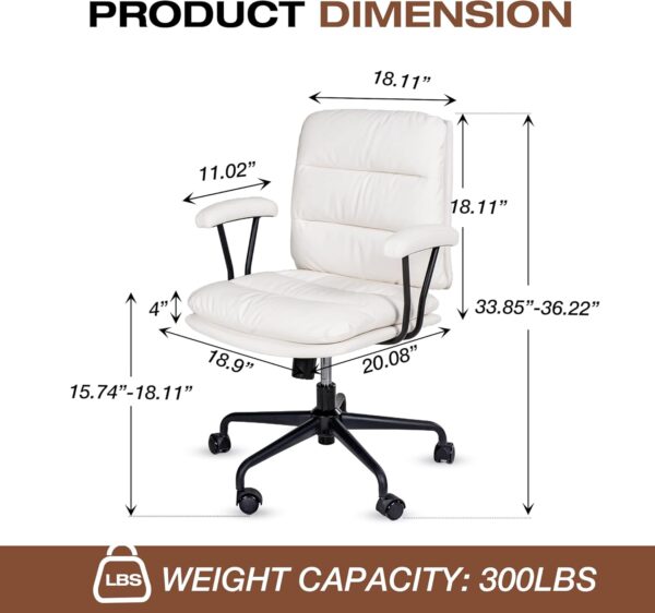 White Leather Desk Chair with Arms,Modern Office Chair with Lumbar Support,Removable Armrests, Height-Adjustable Swivel Medium Computer Chair for Home, Office, Dresser, Bedroom