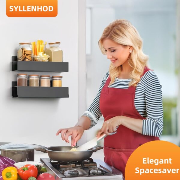 Kitchen Spice Rack: 2 Packs Black Adhesive Wall Mount - 11.8" Large Hanging Storage Organizer Cabinet Without Drilling for Smooth Wall - Work Room Bathroom Shelves
