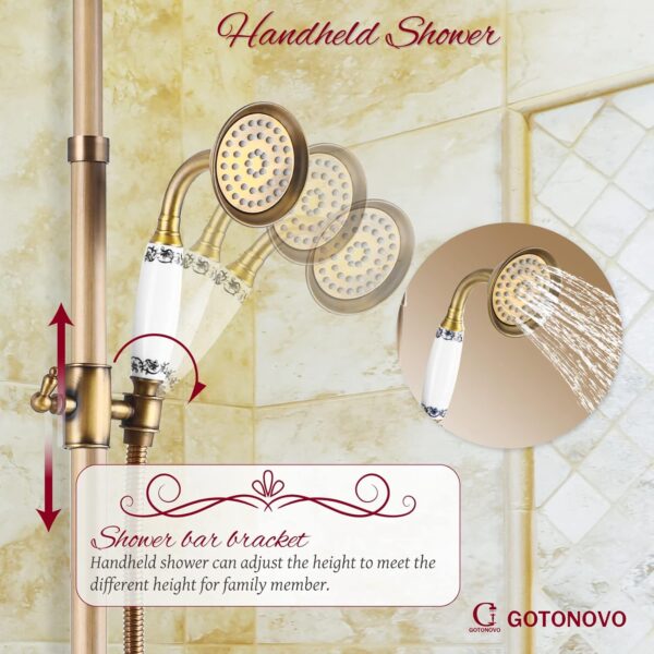 gotonovo Shower Fixture Faucet Set Complete Antique Brass Exposed Pipe Shower System 8 Rain Shower 2 Double Knobs Handle Triple Function Tub Spout Shower Combo Unit Set