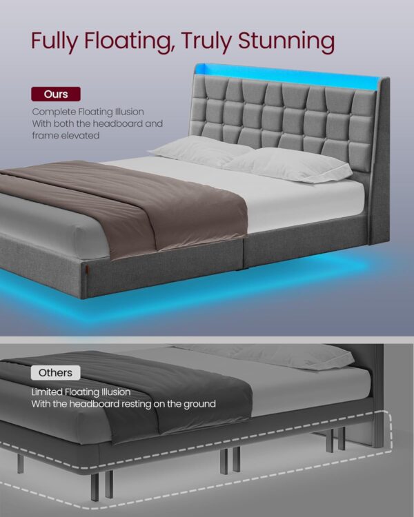 VASAGLE Queen Size Floating Bed Frame with LED Lights, Queen Bed Frame with Charging Station, Tufted Storage Headboard, Upholstered Platform Bed Frame, No Box Spring Needed, Light Gray URMB851G01