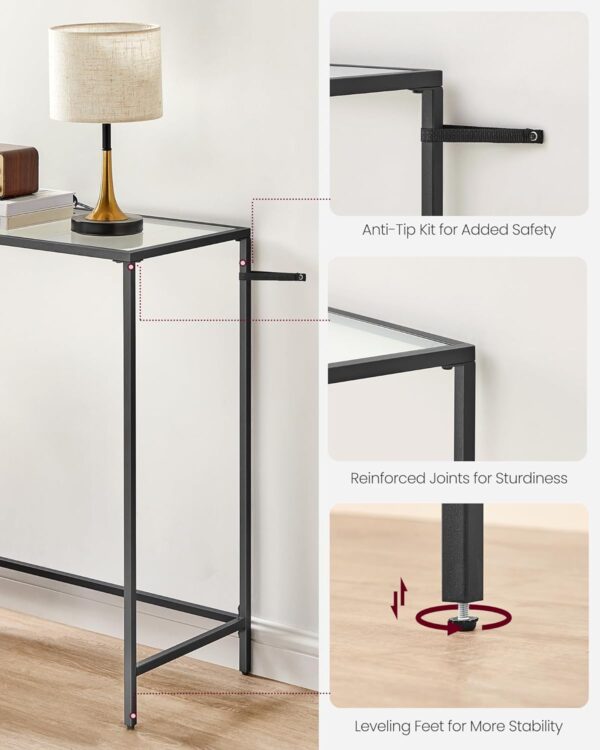 VASAGLE 39.4 Inches Console Table, Tempered Glass Sofa Table, Modern Entryway Table, Metal Frame, Easy to Assemble, Adjustable Feet, for Living Room, Hallway, Black ULGT026B01