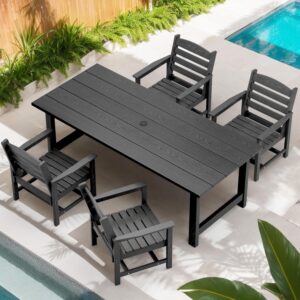 TenKa 5 Piece HDPE Patio Outdoor Furniture Set，Dining Table and Chairs,Outdoor Table with Umbrella Hole, Outdoor Dining Set for Garden, Backyard, Lawn, and Poolside