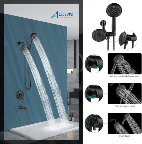 Aolemi Shower Faucet Set with Tub Spout Rain Shower Head System Shower Trim Kit Pressure Rough-in Valve Included 8 Setting Dual Shower Head and Handheld Spray Oil Rubbed Bronze