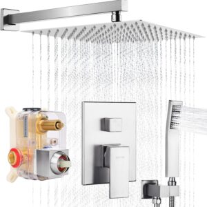 Shower Faucet Set, Rainfall Shower System with Rain Shower Head, Rough-in Valve and Shower Trim Kit Included Brushed Nickel 12 Inch Wall Mount