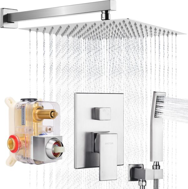 Shower Faucet Set, Rainfall Shower System with Rain Shower Head, Rough-in Valve and Shower Trim Kit Included Brushed Nickel 12 Inch Wall Mount