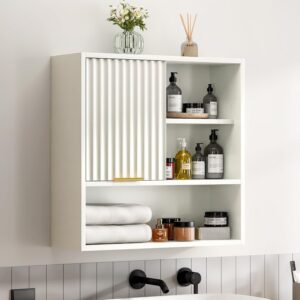 Fluted Bathroom Wall Cabinet, Wooden Medicine Cabinet with Sliding Door Adjustable Shelf, Modern Bathroom Wall Mounted Cabinet Kitchen Living Room, White