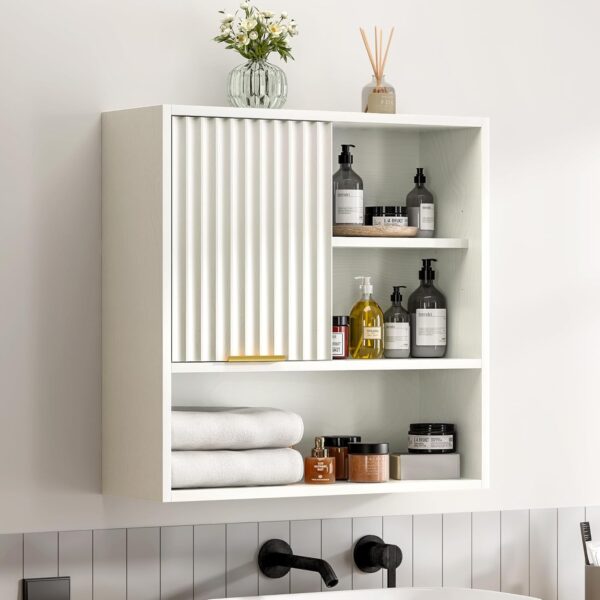 Fluted Bathroom Wall Cabinet, Wooden Medicine Cabinet with Sliding Door Adjustable Shelf, Modern Bathroom Wall Mounted Cabinet Kitchen Living Room, White
