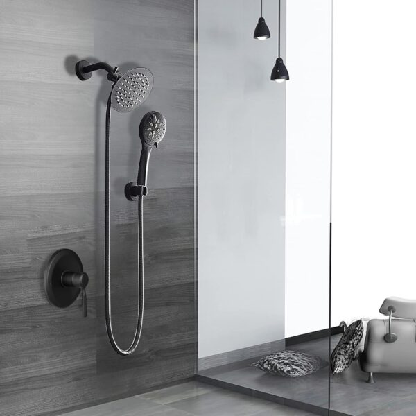 Black Shower Faucet With Handheld Shower Head & Valve Shower System combo With 6 Inch High Pressure Rainfall trim kit Set Complete