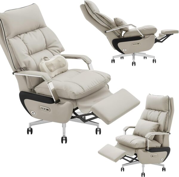 Ergonomic Executive Office Chair with Footrest – 400LBS Big and Tall PU Leather Desk Chair, One-Click Electric Recline with Massage & Pillow Support, High Back Wide Seat for Home Office (White)