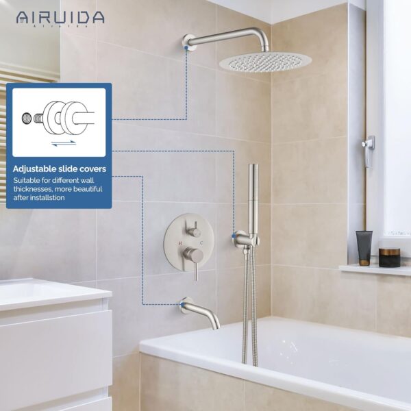 Airuida Round Shower System Set with Tub Spout,Wall Mount 3 Function Rain Shower Faucet Set,2 Functions Handheld Shower Tub Spout Tub Shower Combo Set Fixtures 12 Inches Shower Head Brushed Nickel