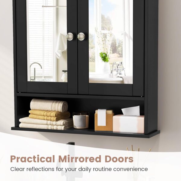 RELAX4LIFE Wall Bathroom Cabinet with Mirror - Wood Over The Toilet Storage Cabinet Space Saver w/2 Doors, Adjustable Shelf & Open Compartment, Modern Wall Mount Medicine Cabinet (Black)