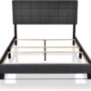 Allewie Queen Size Panel Bed Frame with Adjustable Headboard for High Profile/Fabric Upholstered/Square Stitched Padded Headboard/Box Spring or Bunkie Board Required/Dark Grey