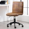 Furniliving Leather Office Chair with Wheels Armless Vanity Desk Chair 360° Swivel Computer Rolling Chair with Mid Back, Height Adjustable Accent Chairs with Gold Metal Base Stool, PU YellowBrown
