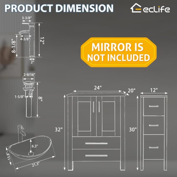 eclife 24" Modern Bathroom Vanity Sink Combo Black Stand Cabinet with Brown Boat Tempered Glass Vessel Sink & Water Save Faucet & Pop Up Drain (A29BR)