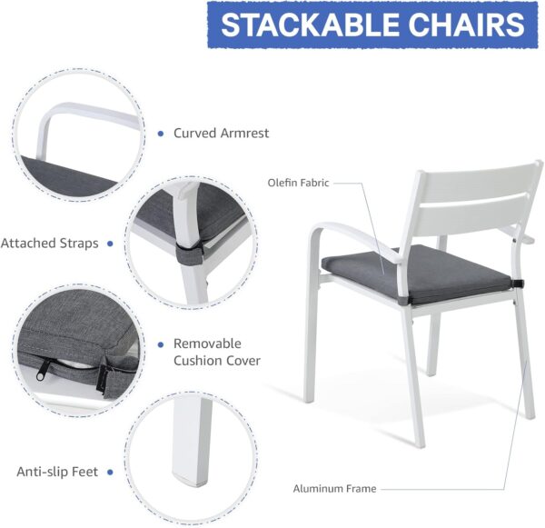 71YddQPdddL._AC_SL1500_.jpg Soleil Jardin 5 Piece Outdoor Dining Set, Aluminum Patio Furniture Dining Set with Round Dining Table w/Umbrella Hole and 4 Stackable Chairs w/Cushions for Yard, Garden, Porch and Pool, White