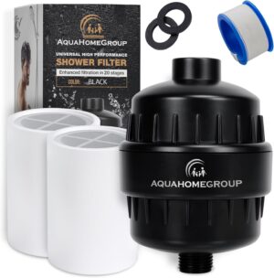AquaHomeGroup 20 Stage Shower Head Filter with Vitamin C E A for Hard Water - High Output Filter to Remove Chlorine and Fluoride - 2 Replacement Cartridges - Consistent Flow Showerhead Filters