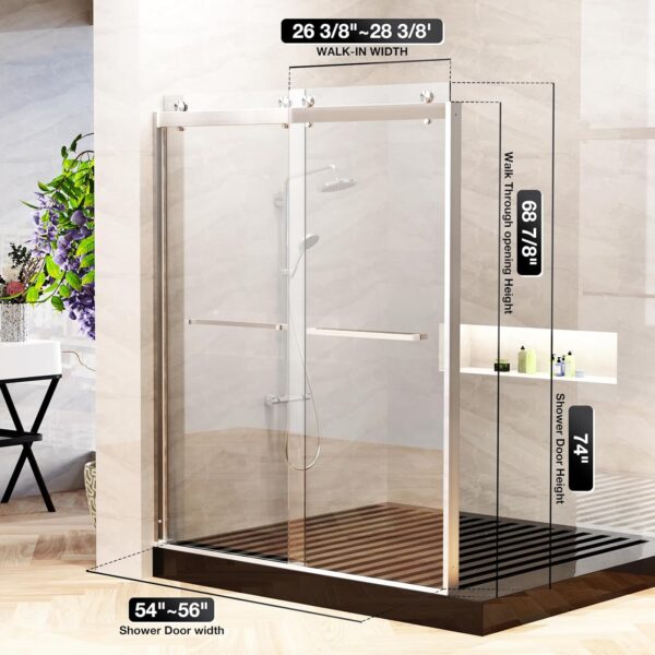 Frameless Shower Door, 5/16" (8mm) Clear Tempered Glass Shower Door, 56-60" W x 74" H, Quiet Soft-Close, Reversible Installation, SGCC Certified (Brushed Nickel-Double Sliding Style A, 60" W x 74" H)