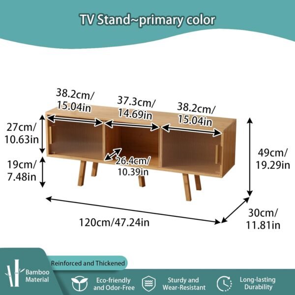 Bamboo TV Stand for TVs up to 50 Inches, Durable Entertainment Center with 2 Sliding Acrylic Cabinet Doors for Gaming Console, Modern Accent TV Console Cabinet for Living Room Bedroom