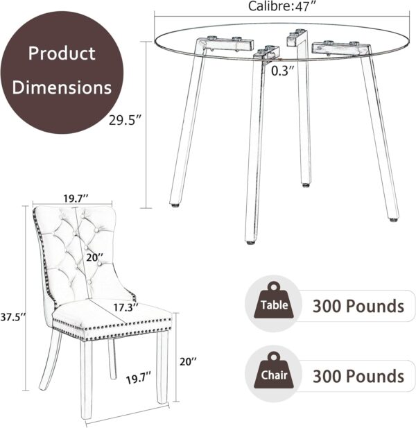 Modern Black Luxury Round Glass Dining Set for 4, 5 Pcs Large Minimalist Circle Kitchen Table Set, 47'' Clear Circular Glass Top Dinner Room Set, Black High-end Tufted Chairs, for Home