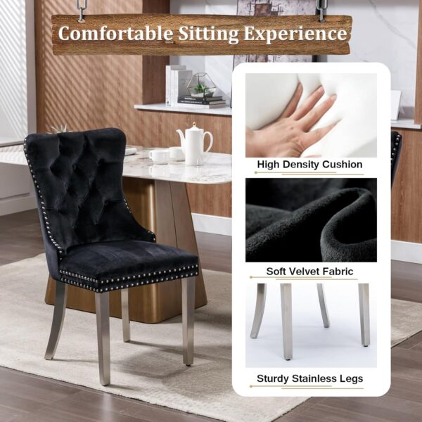Modern 5 Piece Dining Table Set for 4, Silver Glass Table and Black Velvet Chairs