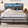 LINSY Queen Bed Frame with Storage Headboard, Upholstered Platform Frame with LED and Charging Station, Metal Queen Size Bed Frames, No Box Spring Needed, Easy Assembly, Rustic Grey