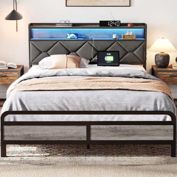 LINSY Queen Bed Frame with Storage Headboard, Upholstered Platform Frame with LED and Charging Station, Metal Queen Size Bed Frames, No Box Spring Needed, Easy Assembly, Rustic Grey
