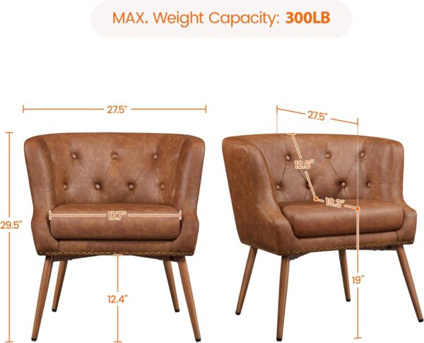 Yaheetech Modern Accent Chair, PU Leather Retro Armchair, Upholstered Barrel Chair with Metal Leg and Comfy Seat Cushion for Living Room Bedroom, Retro Brown