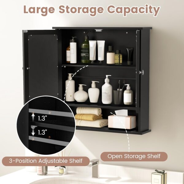 RELAX4LIFE Wall Bathroom Cabinet with Mirror - Wood Over The Toilet Storage Cabinet Space Saver w/2 Doors, Adjustable Shelf & Open Compartment, Modern Wall Mount Medicine Cabinet (Black)