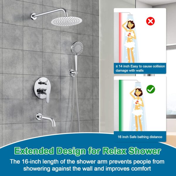 Shower System with Tub Spout, 10 inch Rain Shower and Handheld, Shower Faucet Set Complete Rough-in Valve and Trim Kit Included, Chrome