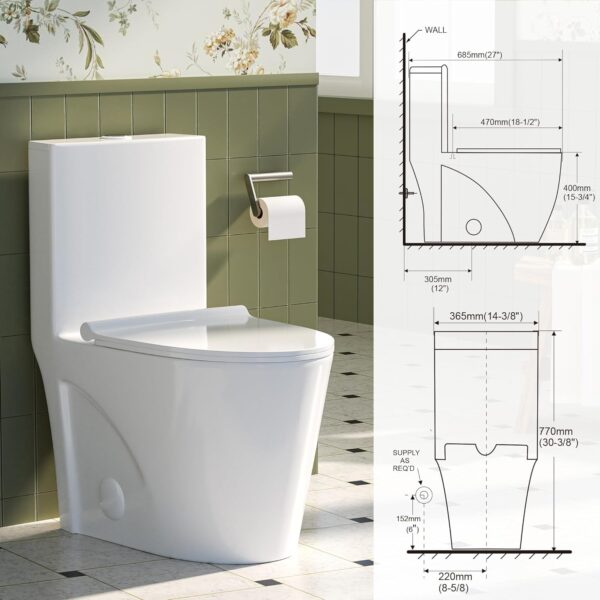 Modern One Piece Toilet, 1.1/1.6 GPF Elongated Dual Flush Toilet with Soft Closing Seat, Standard Modern Toilet for Bathroom, 12" Rough-In (White)
