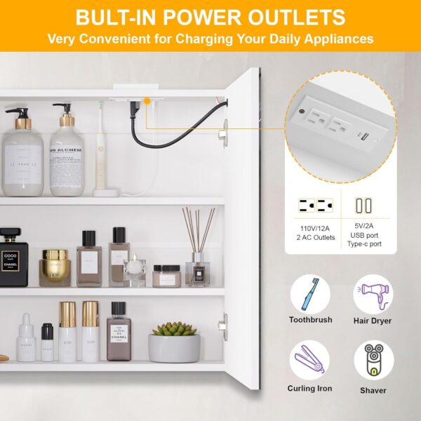 Snughome Bathroom Medicine Cabinet with Mirror and LED Light, Wall Mount Medicine Cabinet with Defogging, Adjustable Shelves, Memory Dimmable 3 Color Temp, Built-in Power Outlets, 31.5''x23.6''x5.9''