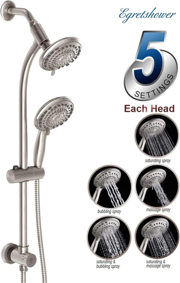 Handheld Showerhead & Rain Shower Combo for Easy Reach, 27.5" Drill-free Stainless Steel Slide Bar, 5”of 5-setting Handheld Shower and Showerhead, with 5ft Hose -Brush Nickel