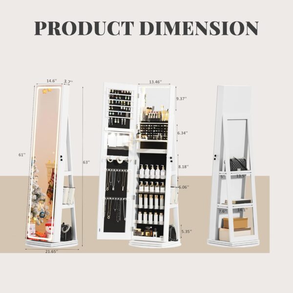 LED Mirror Jewelry Cabinet Standing, Jewelry Armoire with Full-Length Mirror and Adjustable LED Lights, 360° Swivel Jewelry Organizer Storage, White