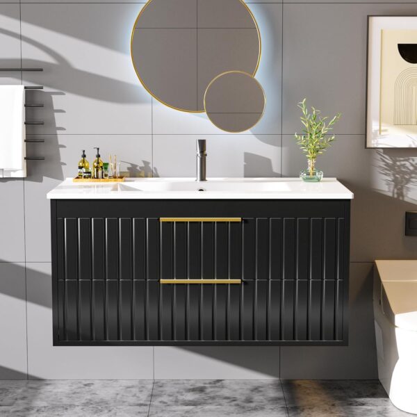 36" Bathroom Vanity with Sink, Floating Vanity Bathroom Sink Cabinet Wall Mount, Soft-Close Function 2 Large Drawers, Grooved Stripe Design, Hidden Damping Drawers, Black