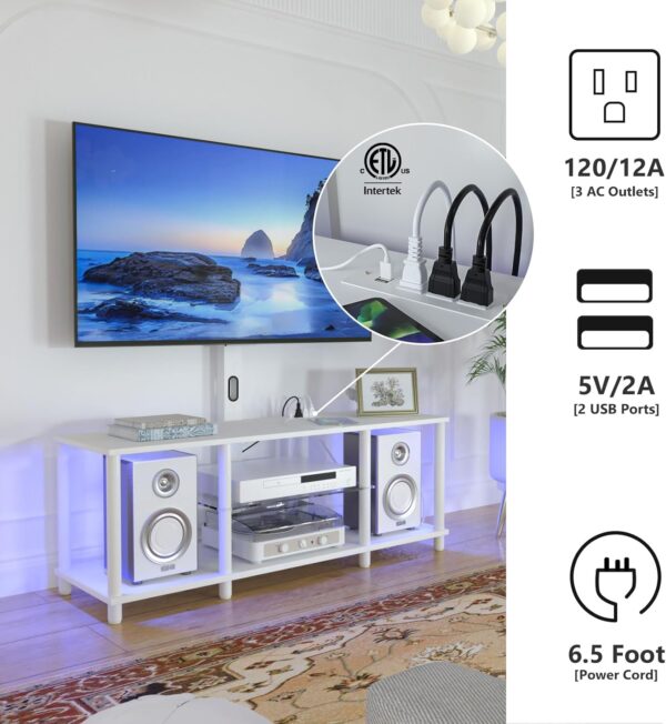White TV Stand with Power Outlets, Led Light, Mount for 32-70 Inch TV, Entertainment Center with Open Storage Shelf for Bedroom/Living Room/Office