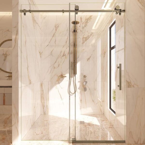 Fab Glass And Mirror Frameless Sliding Shower Door 48" X 72", Adjustable Width 44-48", 5/16" Thick Tempered Glass, Brushed Nickel