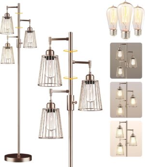COFF Industrial Floor Lamp, 3 x 1200LM Edison LED Bulbs Included, Bright 3-Light Dimmable Floor Lamp, Farmhouse Tall Standing Lamp for Living Room, Bedroom Office Rustic Home Decor (Brown)