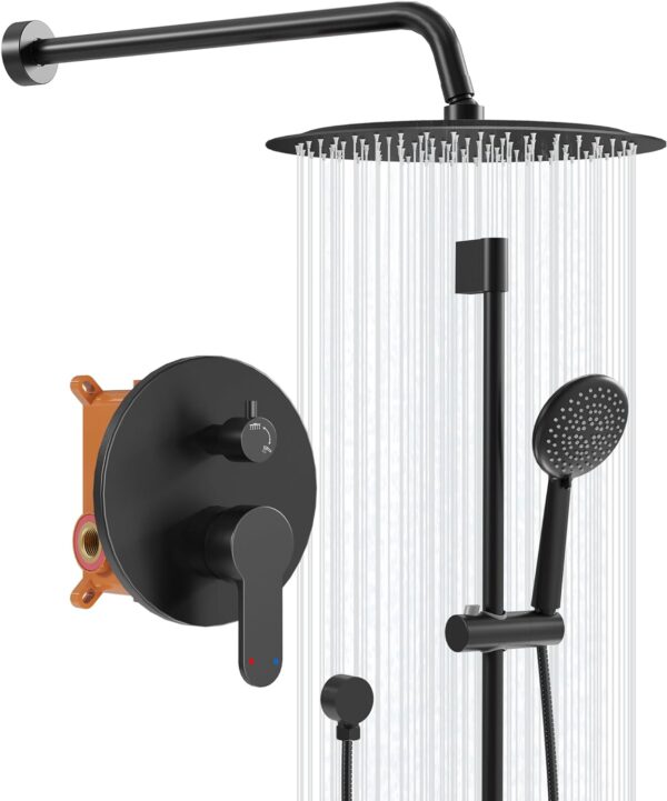 Gabrylly Shower System, Slide Bar Shower Faucet Set Complete with High Pressure 8" Rain Shower head and 5-Setting Handheld Shower Set, Shower Valve Include, Matte Black